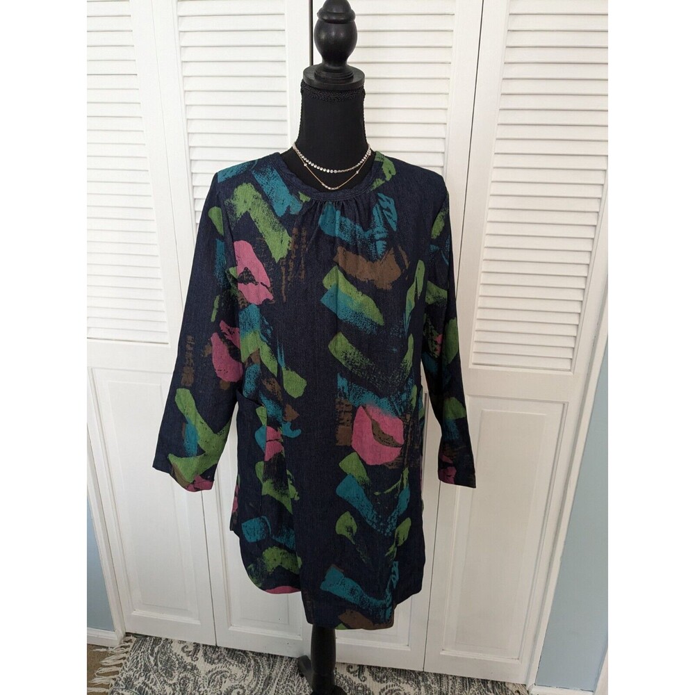 Qiobasor Top Womens XL Multi Painted Denim Art to Wear Artsy Colorful Tunic Pink